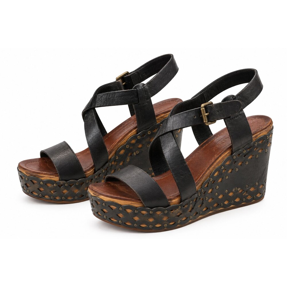 ASH Leather Platform Wedge Sandals Women 8 Black Boho Studded Strappy